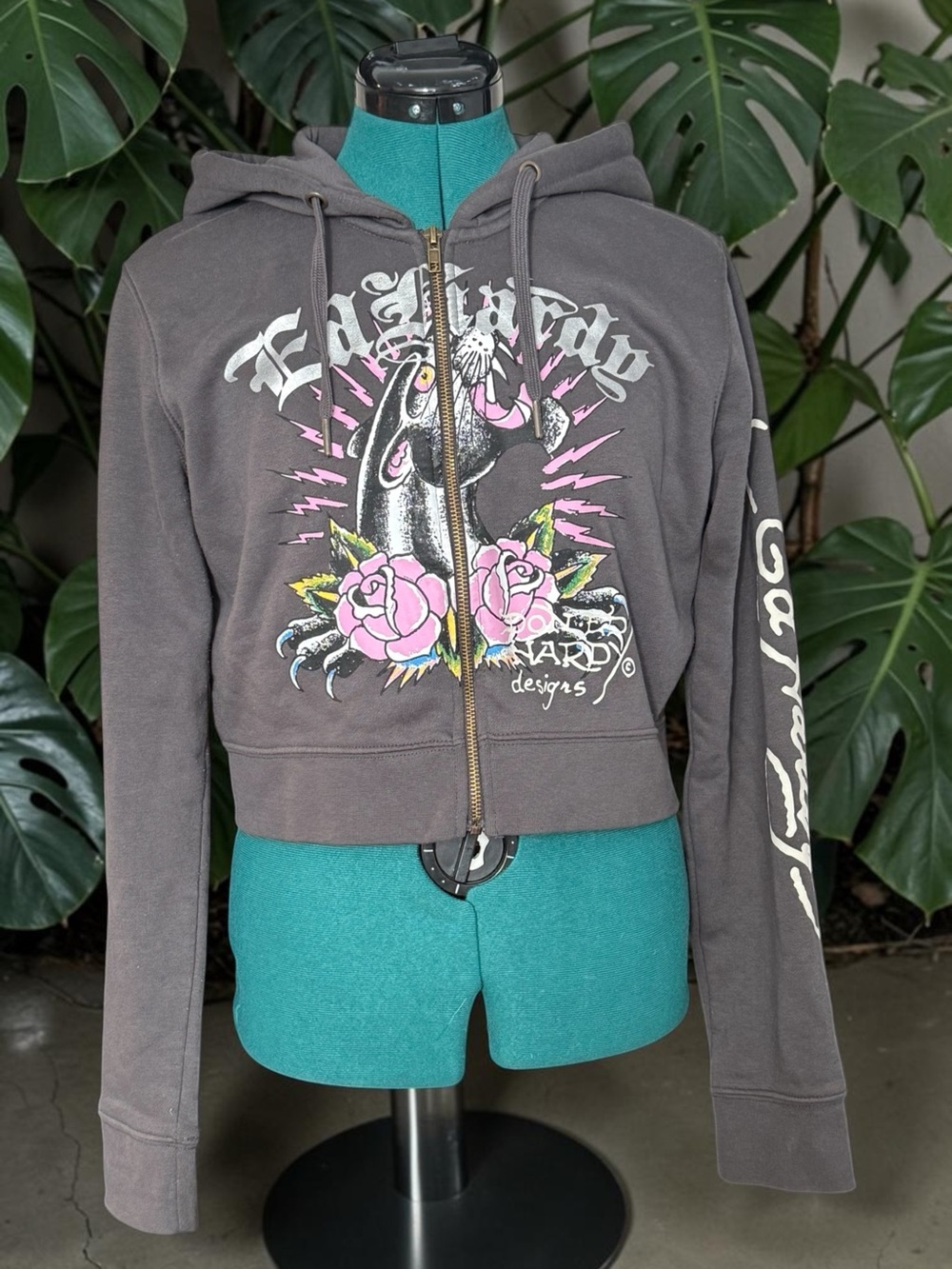 Ed Hardy Charcoal Zip Hoodie with Pink Rose Graphic